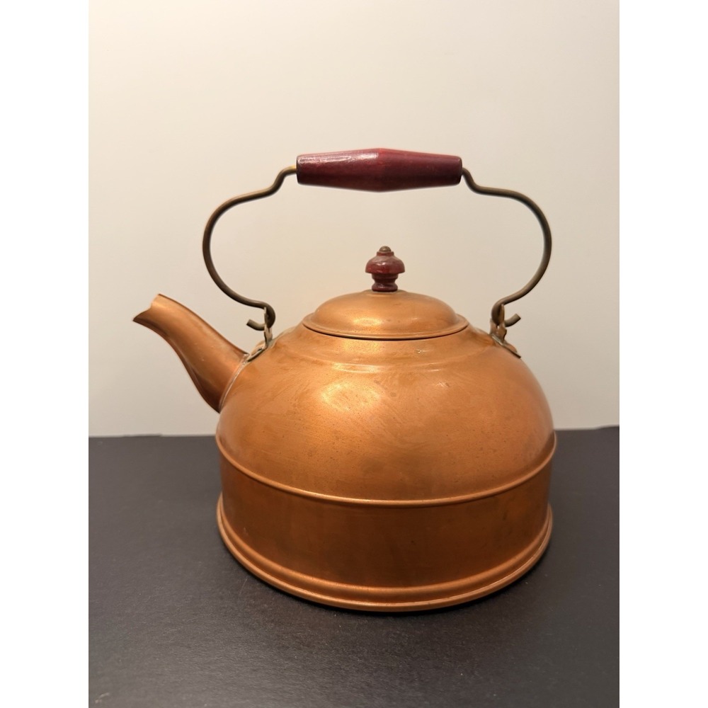 Vintage Copper Tea Kettle Stovetop Teapot Wooden Handle Knob Rustic Farmhouse